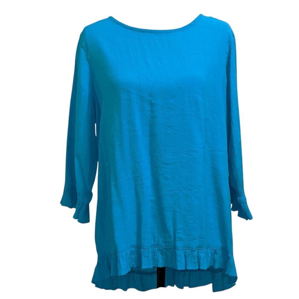 MULTIPLES Tunic Blouse Teal Blue Ruffles High Low  XL